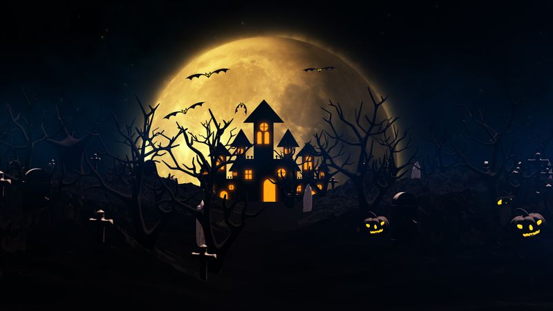 Halloween background with haunted house, ghost, bats and pumpkins, graves, at misty night spooky with fantastic big moon in sky. 3D rendering